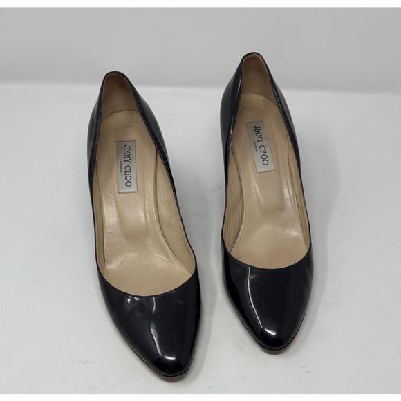 Jimmy Choo Gilbert Black Navy Patent Leather Almond Toe Wedge Heel Pumps Sz 42 - Picture 2 of 8